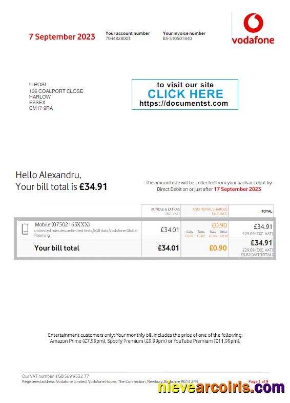 UNITED KINGDOM VODAFONE utility bill